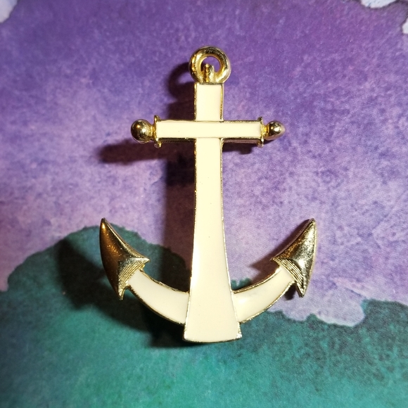 Relisted -Vintage anchor brooch ship ocean nautical pin ivory white gold tone - Picture 4 of 8